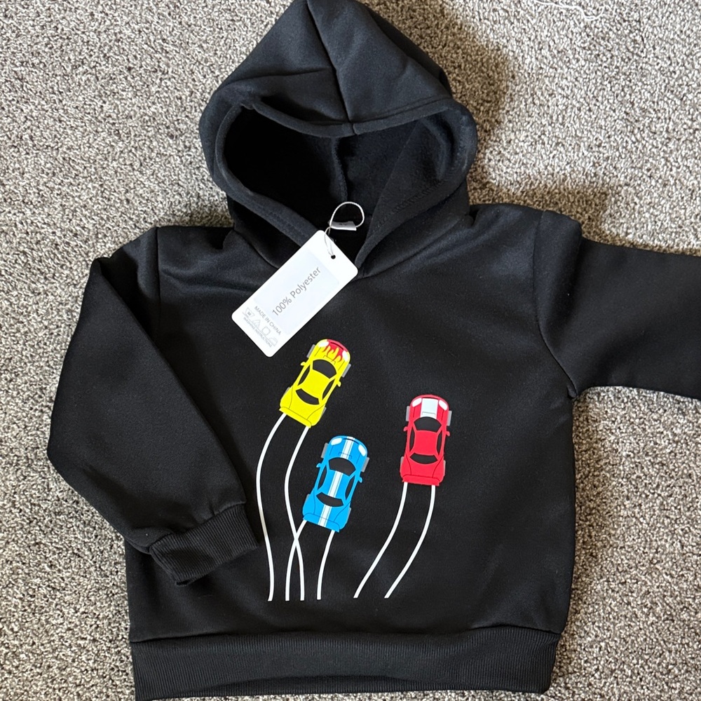 Toddler Black Hoodie with Cars Graphic